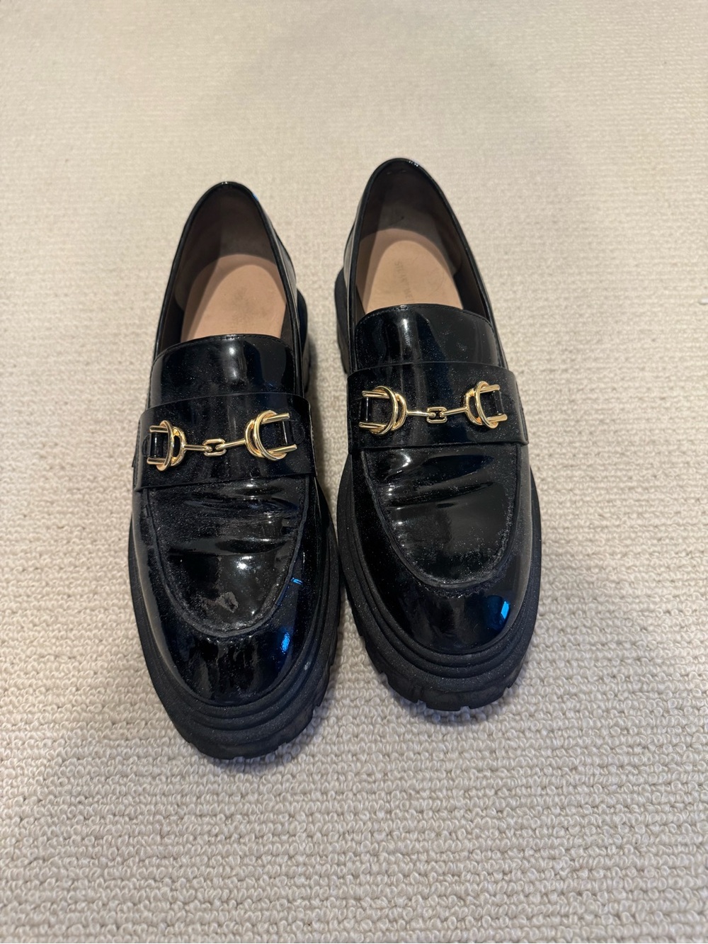 Stuart Weitzman Black Patent Leather Loafers with Gold Horsebit
